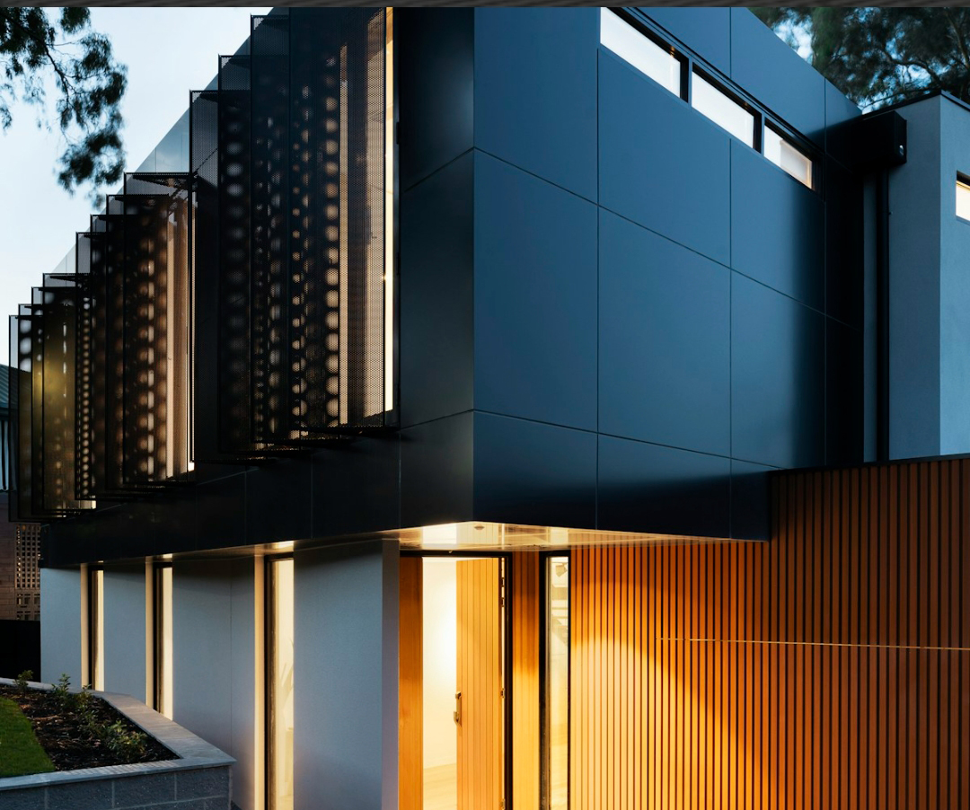 Modern home exterior at dusk