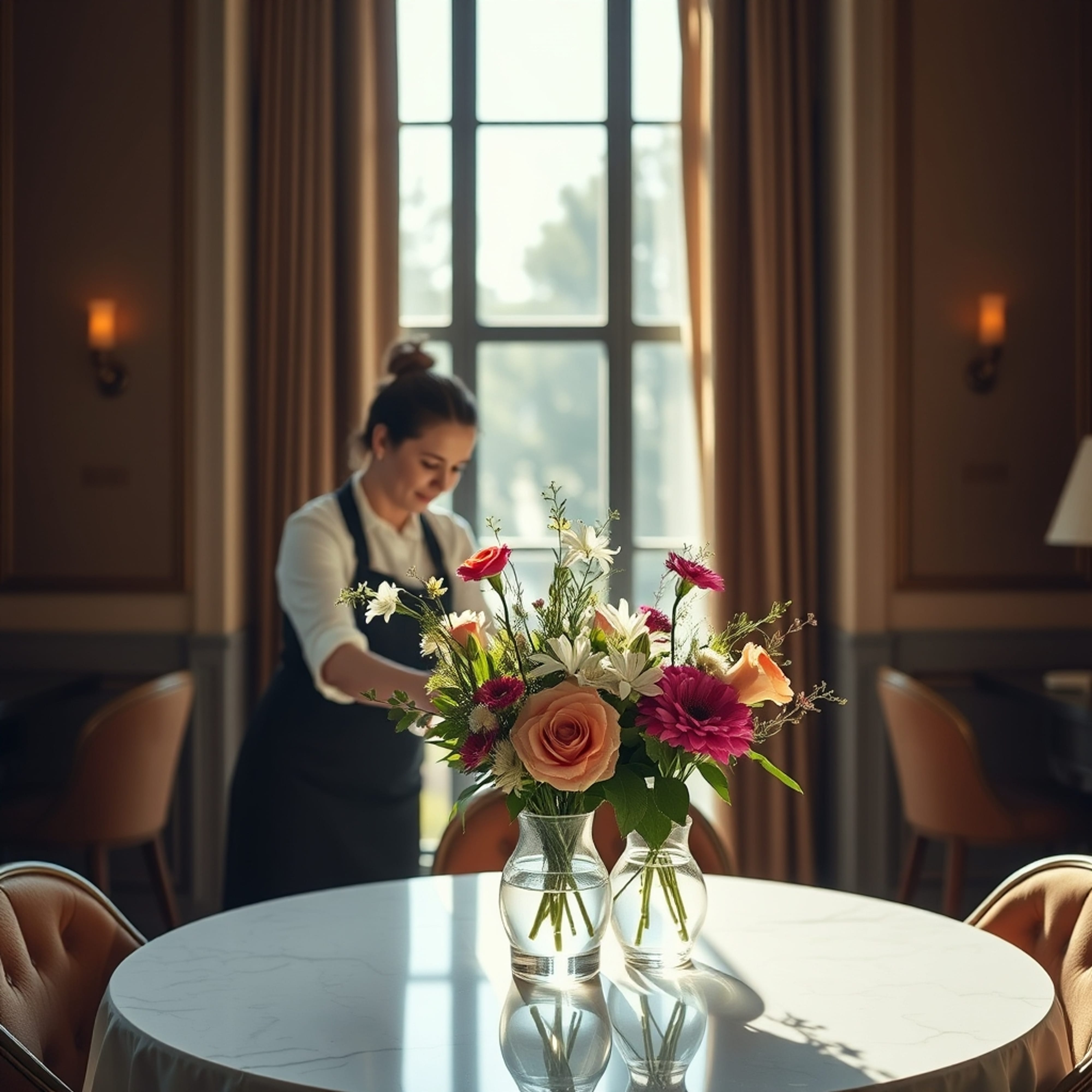 Household staff preparing a fresh flower arrangement