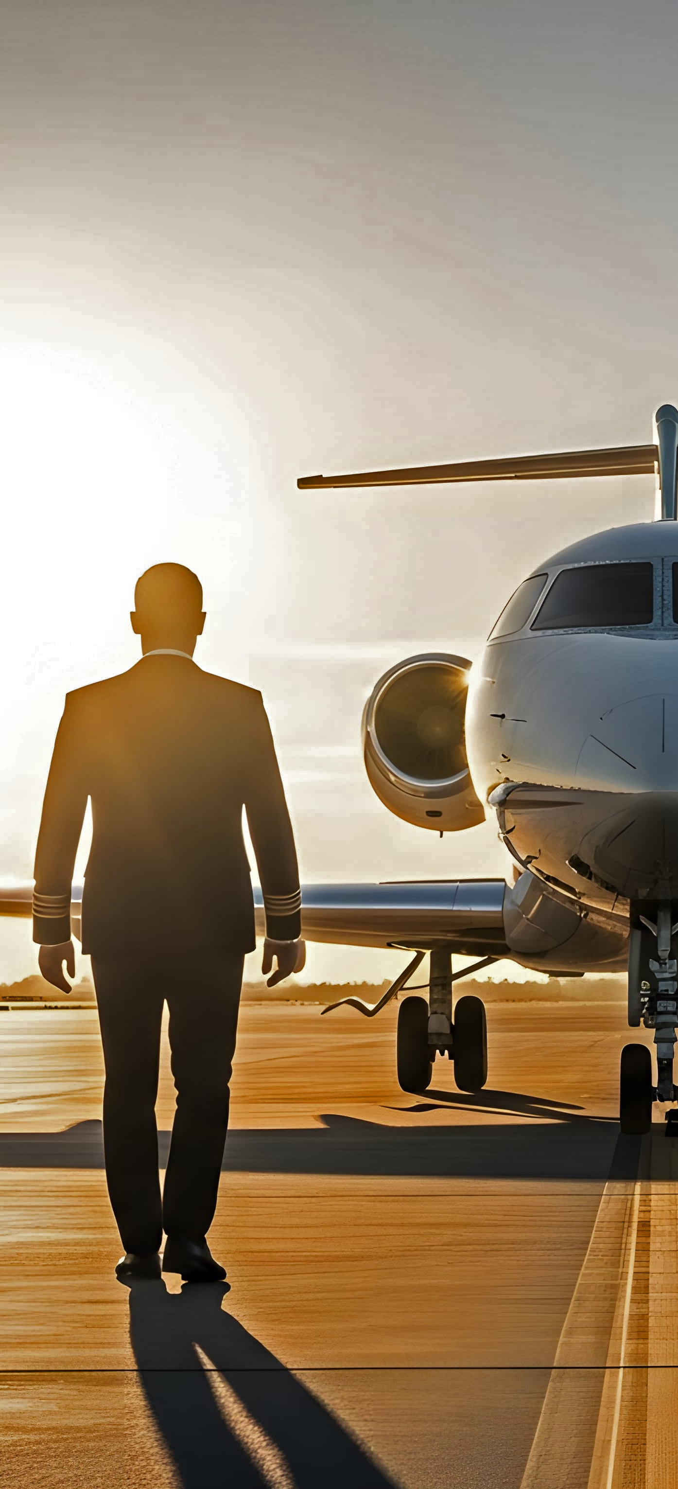 Pilot walking toward a private jet at sunset